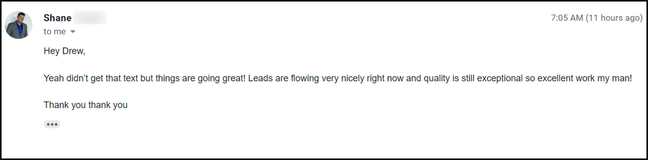 Shane: lead generation results are great thank you
